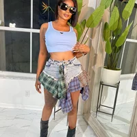 Colorful Plaid Patchwork Denim Skirt Y2K Women Skirts High Waisted Irregular Mini Skirt Streetwear Harajuku Hip Hop Jean Skirt