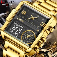 LIGE-Montre de sport carrée en acier doré pour homme, grande montre à quartz analogique numérique, marque supérieure, mode de luxe, nouveau