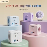 LENCENT 7-in-1 EU-Stecker-Wandsteckdosen-Extender mit 3 AC-Steckdosen + 2 USB-A + 2 USB-C-Würfelbuchsen-Ein/Aus-Schalter-Adapter für Zuhause