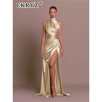 Ladies Summer Satin Evening Birthday Party Dresses Women Sleeveless Backless Halter Side Slit Elegant Long Dress Mowan Clothes