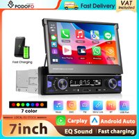 Lecteur MP5 Podofo 7'' 1Din avec Carplay sans fil, Android Auto, écran rétractable, lecteur multimédia, FM/AM/RDS, BT, Type-C, EQ, autoradio.