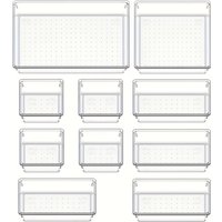10-Piece Versatile Drawer Organizer Set - Clear Plastic Trays and Dividers in 4 Sizes for Perfect Makeup and Kitchen Storage