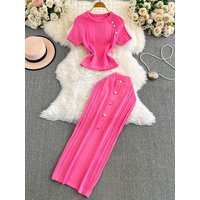 High-End Ice Silk Knitted Short Sleeve Top And High Waist Skirt Set Fashionable Shoulder Length Short Style for Young Women