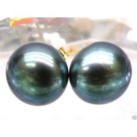 Limited Time Promotion AAA + Natural Tahitian 8-9mm Black Green Women's Pearl Earrings 14k