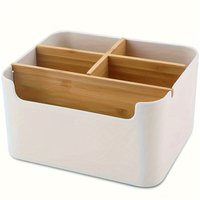 1pc 5-Compartment Bamboo Desk Organiser, Office Organiser with Pen Holder, Bathroom Makeup Storage Box, Living Room Sundries