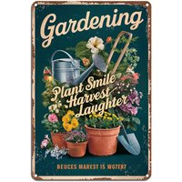 1 Vintage "Gardening: Plant Smile, Harvest Laughter" Metal Sign - 8x12 Inch Iron Wall Art with Rustic Garden Tools & Flowers