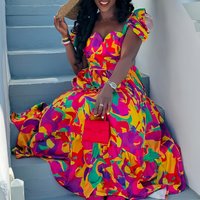 Women 2025 V Neck Big Hem Long Dress Elegant Pattern Print High Waist Pleat A-line Dress Temperament Short Sleeve Party Dress
