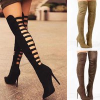 Sexy Women's Boots Suede Long Boots Fashion Back Hollow Over The Knee Boots Pointed Toe Pumps Thin Heel Plus Size Stretch Boot