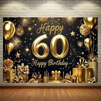 Elegant 60th Birthday Banner Background in Black and Gold, Sparkling Star Balloon Gift, Birthday Decoration Photography Backdrop