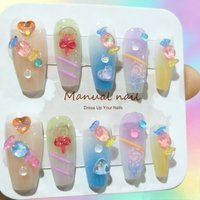 10 pieces of hand-pressed coffin-shaped nails, beautiful false nails, colorful candy dopamine, suitable for women
