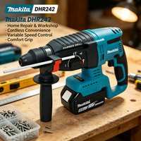Perceuse à percussion sans fil Makita DHR242 18V authentique, type rotatif, fonction de faible vibration à 13,5 m/s², moins de fatigue pour l'opérateur lors du perçage prolongé sur des surfaces