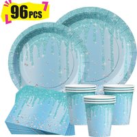 96Pcs Blue Glitter Drip Disposable Tableware Set Paper Plates Cups Napkins Girls Birthday Princess Fashion Theme Party Supplies