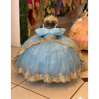 Light Blue Christmas Dress Girls Fluffy Flower Girl Dress Spaghetti Straps Gold Lace Appliqué Pageant Wedding First Communion