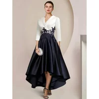 Customized Elegant A Line Asymmetrical Mother of The Bride Dress V Neck 3/4 Length Sleeve Lace Appliqued Wedding Guest Party
