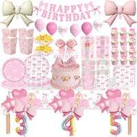 Pink Bow Theme Birthday Decoration Tableware Cups Plates Balloons Gift Bags Banner Backdrop Girl Wedding Birthday Party Supplies