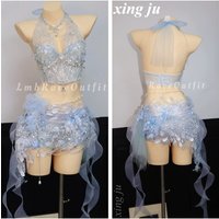 Xing Ju Blue Luxury Diamond Pearl Tassel Tops Embroidery Mesh Skirt Set Sexy Tight Shorts Birthday Party DJ Dance Stage Costume