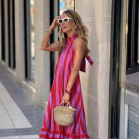 Summer New Sleeveless Neck Hanging Pink Dress Women's Long Dress With Backless Straps Loose Striped Printed A-line Skirt 2026