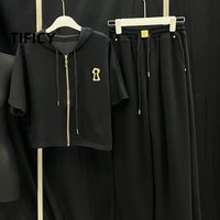 High Street 2pcs Set Women's New Hooded Metal Decorative Pants Fashionable and Versatile Two-piece Casual Loose Set