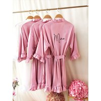 Dark Rose Satin Kimono Personalized Robe with Name for the Wedding Gown Custom Bachelorette Party Ruffle Silk Gown of Bridesmaid