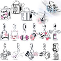 S925 Silver Color Travel Shopping Bag Pink Music Earphone Charms Fit For Pan Original Bracelet Hot Sell DIY Fine Jewelry Making