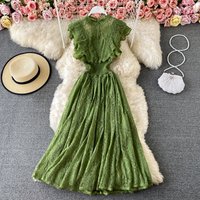 Elegant Lace round Neck Long Sleeve Slimming Dress Spring Autumn High Waist A-Line Gown Maxi Skirt Fashionable Commute Dress