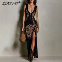 Vintage Boho Floral Print Maxi Dress for Women Sexy Deep V Neck High Split Bodycon Long Dresses Sleeveless Summer Vacation Dress