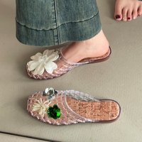 Round Toe PVC Crystal Slippers Soft Transparent Fishing Net Jelly Sandals Non-Slip Flat Low Bottom DIY Shoes Charms Shoes Girls