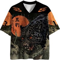 Summer Japanese Retro Ukiyo-e Street Leopard 3D Print Quick-dry Breatha Men's V-neck Tshirt Casual Fashion Parent-child Clothing
