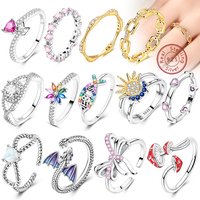925 Sterling Silver Rings for Women Gold Shining Retro Heart Bow Star Ring Size 6 7 8 9 Wedding Anniversary Fashion Fine Jewelry