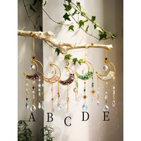 Crystal Suncatcher Moon Amethyst Hanging Crystals Stone Rainbow Maker Light Catcher Window Garden Ornaments Outdoor Decor Gift