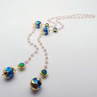Y.YING Freshwater Cultured White Pearl Rosary Chain Blue Murano Glass Long Necklace 38" Jewelry For Women Girls