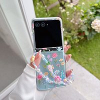 For Motorola Razr 60 50 40 Ultra 60U Case Flower Transparent Folding with Bracelet Shockproof Hard PC Cover Accessories Funda