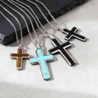 Stylish Men's Natural Black Onyx Cross Necklace,Waterproof Stainless Steel Cross Pendant,Christmas Valentine's Day Gift