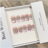 10Pcs French Handmade Press on Nails Pink Cat Eye Fake Nails False Nails with Love Rhinestone Design Накладные Ногти 네일팁 Uñas