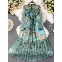 Elegant Floral Dots Embroidery Evening Luxury Dresses Women Summer Long Sleeve Tulle Princess Cake Vestidos Midi Print Dress