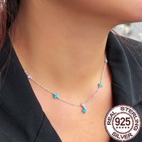 QooLady 925 Sterling Silver Trendy Leaf Flower Blue Turquoise Pendant Necklace for Women Fine Valentine's Day Jewelry Gift SD026