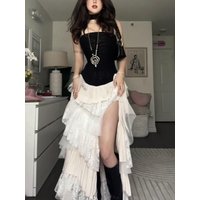 Designer Asymmetric Cake Skirt Women White Fairy Hot Multi Layers Sweet Korean High Slit Long Cake Ball Gown Skirts