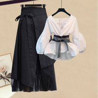 2023 Korean Style Long Sleeve T-shirt Tops High Waist Skirt Two-piece Elegant Women's Skirt Suit Casual Outfits