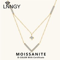 Lnngy Sparkling 3mm&1.8mm Round Moissanite Necklace 925 Sterling Silver Fashion V-Shape Necklaces for Women Fine Jewelry Gift