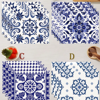 4pcs Blue And White Ceramic Style Geometric Bohemian Placemat Table Runner Set For Coffee Mug Bowl And Plates Decor
