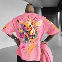 Summer 2026 Pokemon Cotton T Shirt Pikachu Back Print Colorful Splash And Lightning Design Loose Fit Men Women Casual Fashion