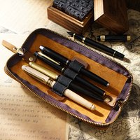 Handcrafted Vintage Cowhide Leather Pen Case - Compact Portable Protective Sleeve for Fountain Pens, Mini Stationery Organizer w