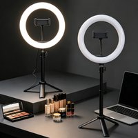 Portable 10" Circle Light with Adjustable Desktop Tripod, 120 LED Beads 3 Color Temperature Ring Light for Makeup Live Streaming