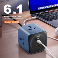 LDNIO cube power strip 65W with surge protection 2M extension cord multiple outlets EU/UK/US plugs USB C Ports Fast Charging