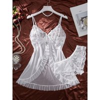 White Sexy Contrast Lace and Mesh Ruffle Babydoll Sleep Dress Woman Nightgown V-neck Open Bra Sleep Skirt Nighties Sleepwear