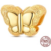 925 Sterling Silver Golden Textured Butterfly Charm Bead Polished Accent Fit European Bracelets Spring Jewelry Gift for Women