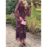Elegant Long Sleeve Pleated Party Dress Summer New High Waist Slim Wrap Hips Maxi Dress Vintage V-neck Floral Printed Mesh Dress