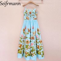 Seifrmann 2026 Summer Women's New Fashionable Suspenders Cotton Printed Waist cinching Mid length Dress