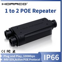 HORACO 2 Port Waterproof POE Repeater IP66 10/100Mbps 1 to 2 PoE Extender with IEEE802.3af/at 48V Outdoor for POE Switch Camera