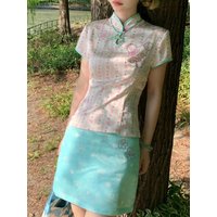 Elegant Chinese Style Print Retro 2 Piece Set Women Short-sleeved Shirt + A-line Slim Skirt New Fashion Summer Vintage Suit 2025